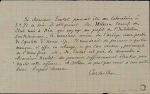 Note manuscrite de la main d'É. Cartailhac concernant un échange d'ours des cavernes entre le muséum de Toulouse et le Smithsonian (États-Unis)