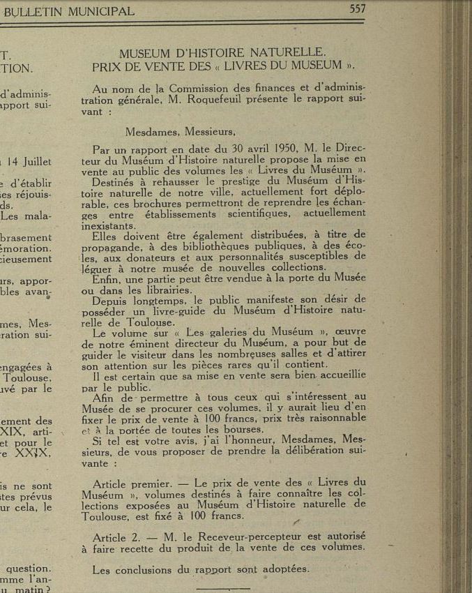 Extrait de délibération du conseil municipal , Bibliothèque municipale de Toulouse