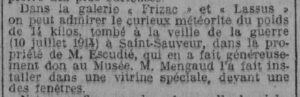 Description de la météorite tombée en 1914 et conservée au muséum, Le Midi Socialiste, 1923