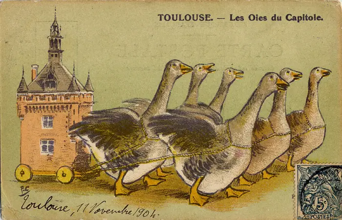 Dessin humoristique représentant les oies tirant le donjon du Capitole