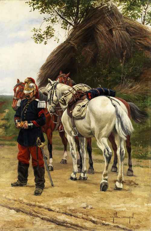 Soldat français avec son cheval, tableau d’Eugène Chaperon.